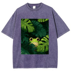 Unisex Frog Hiding In Green Leaves Printed Washed Tee