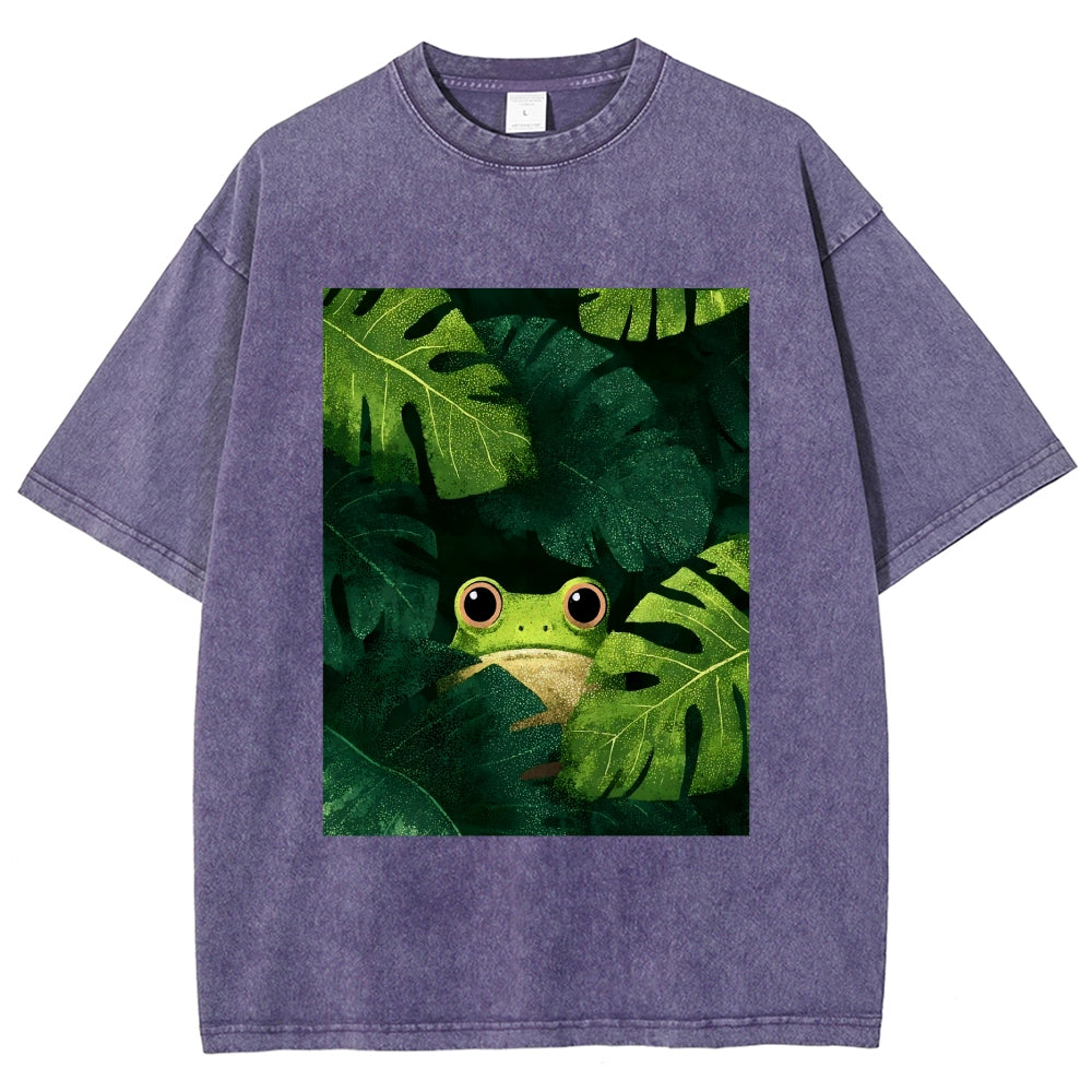 Unisex Frog Hiding In Green Leaves Printed Washed Tee