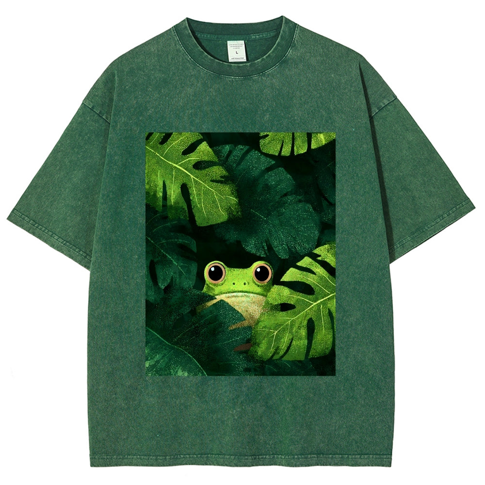 Unisex Frog Hiding In Green Leaves Printed Washed Tee