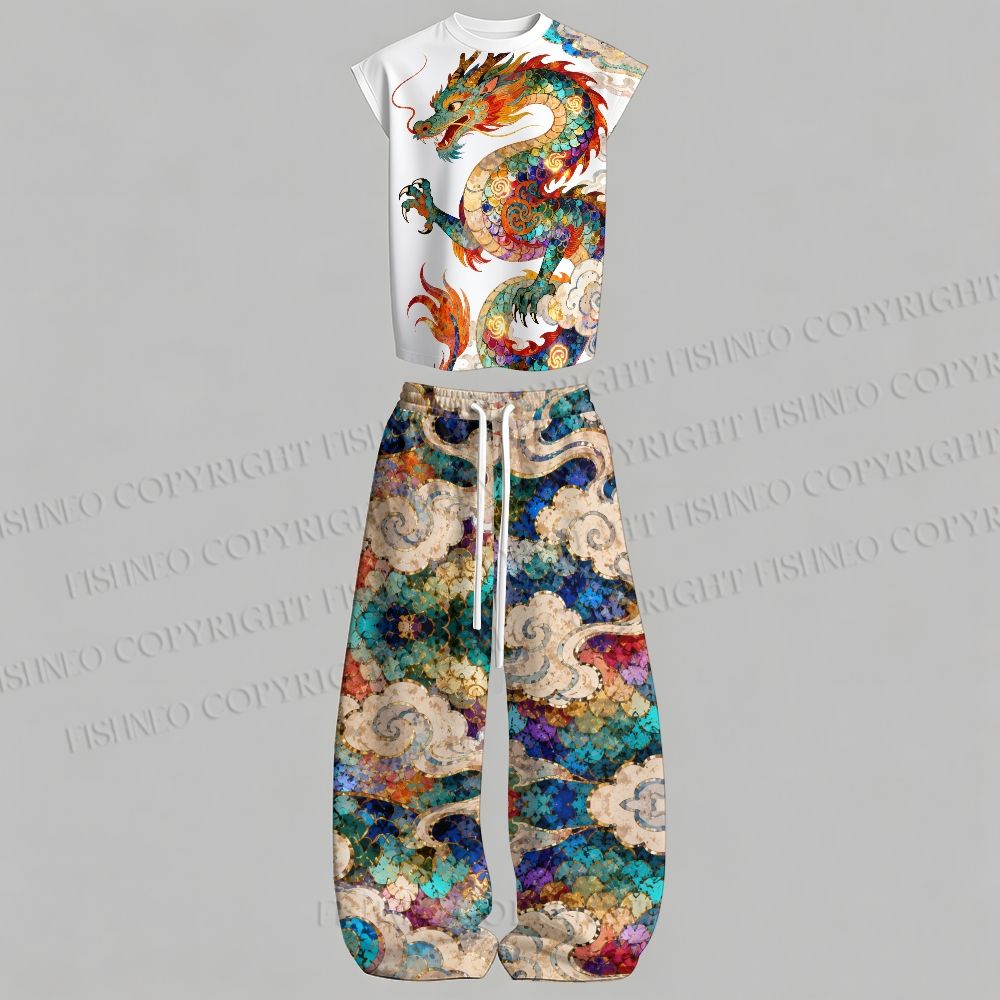 Men's Multicolor Dragon Sleeveless Tank Top & Elasticated Trousers pants Two-Piece Streetwear Set