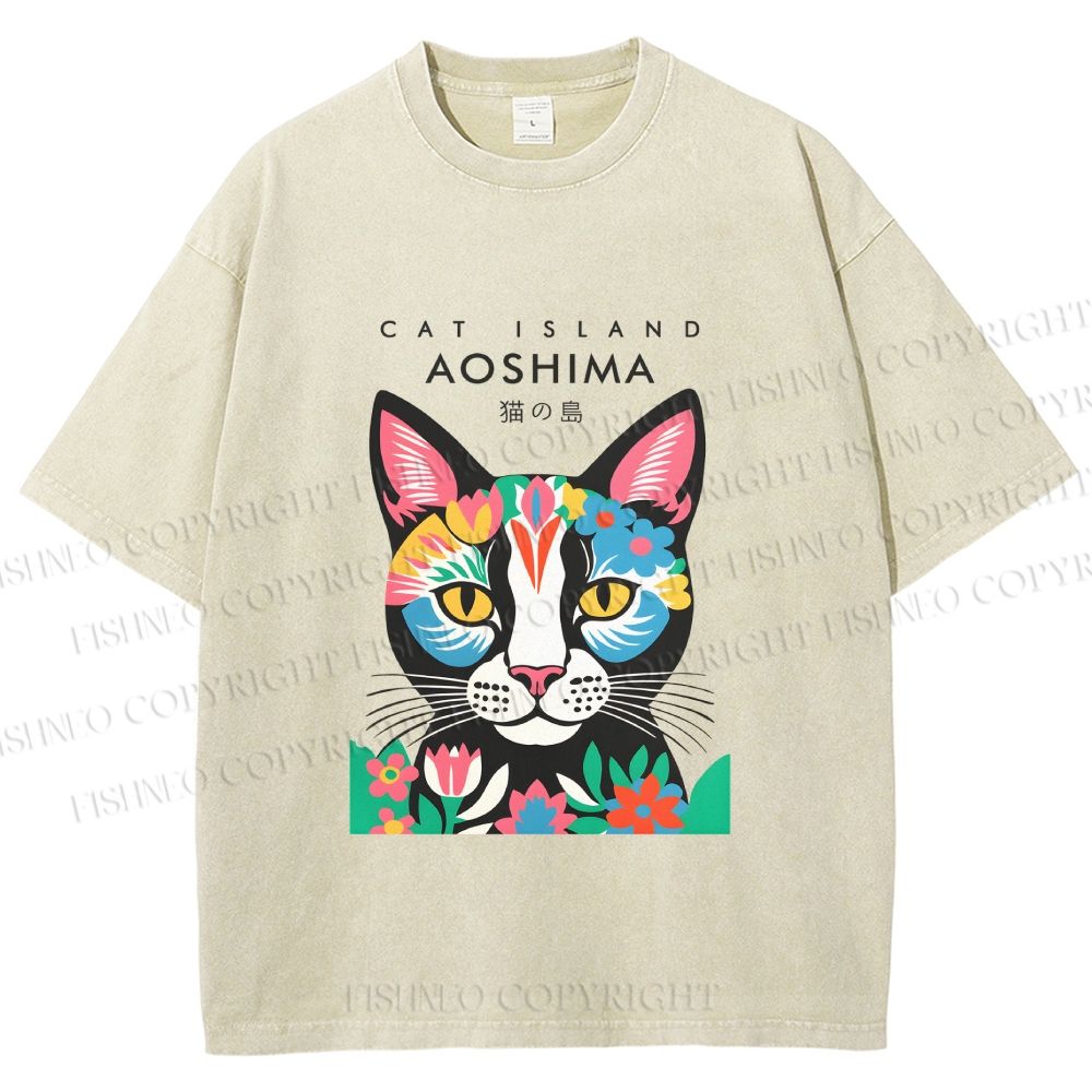 Unisex Cat Island Printed Washed Tee