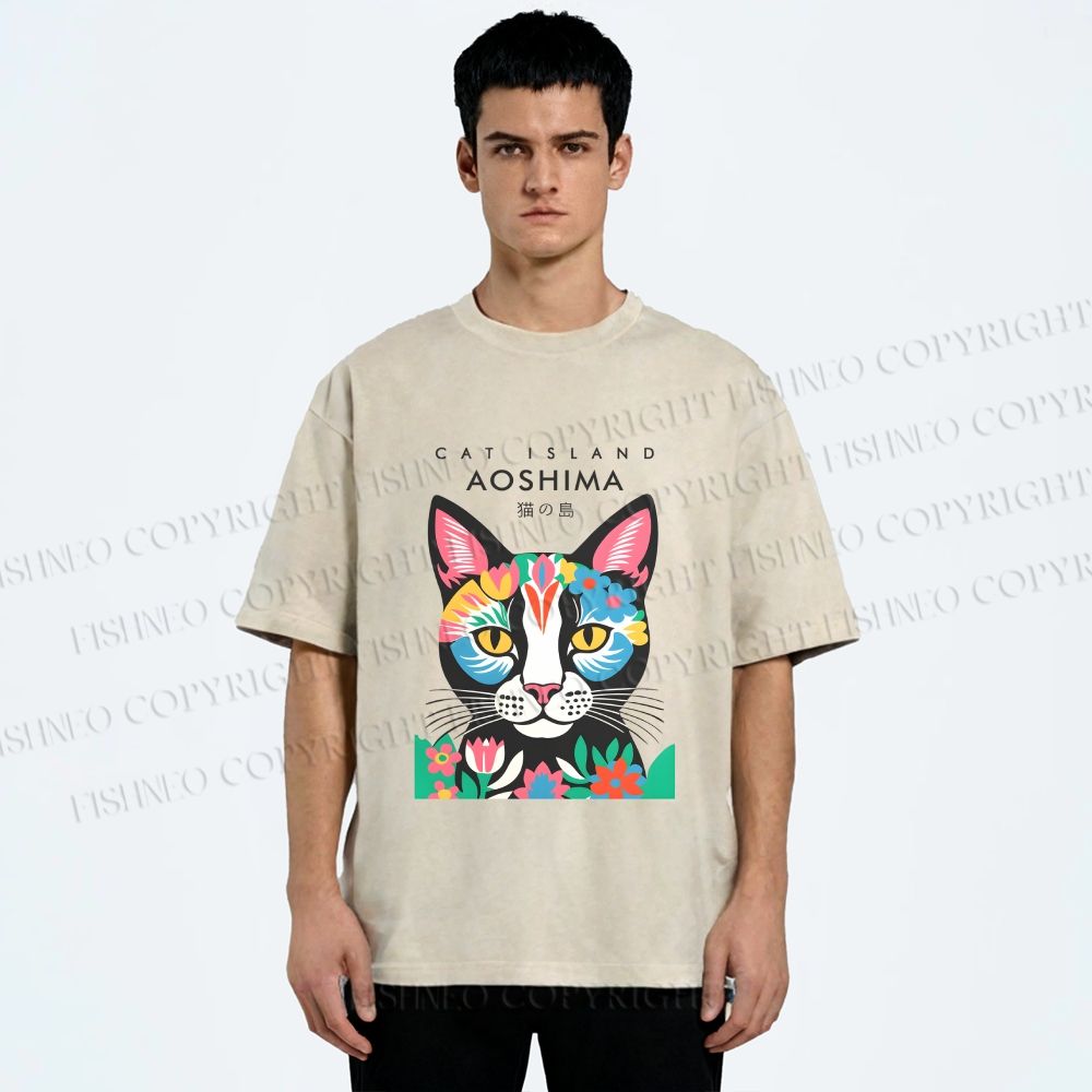 Unisex Cat Island Printed Washed Tee