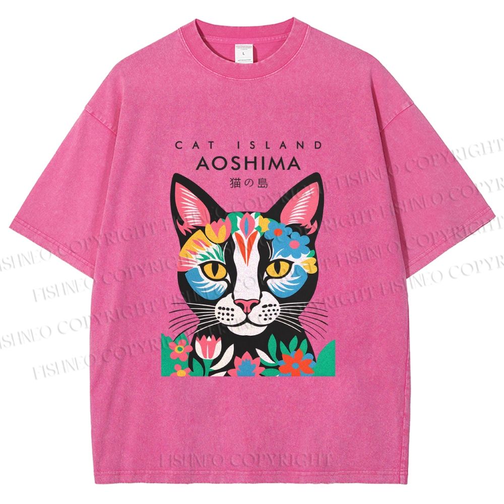 Unisex Cat Island Printed Washed Tee