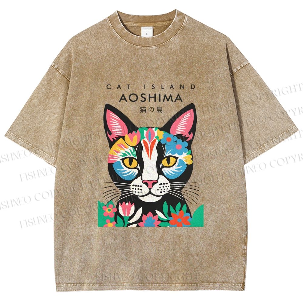 Unisex Cat Island Printed Washed Tee