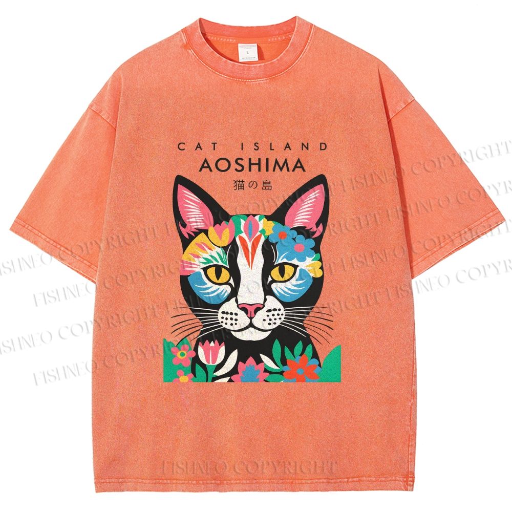 Unisex Cat Island Printed Washed Tee