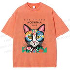 Unisex Cat Island Printed Washed Tee
