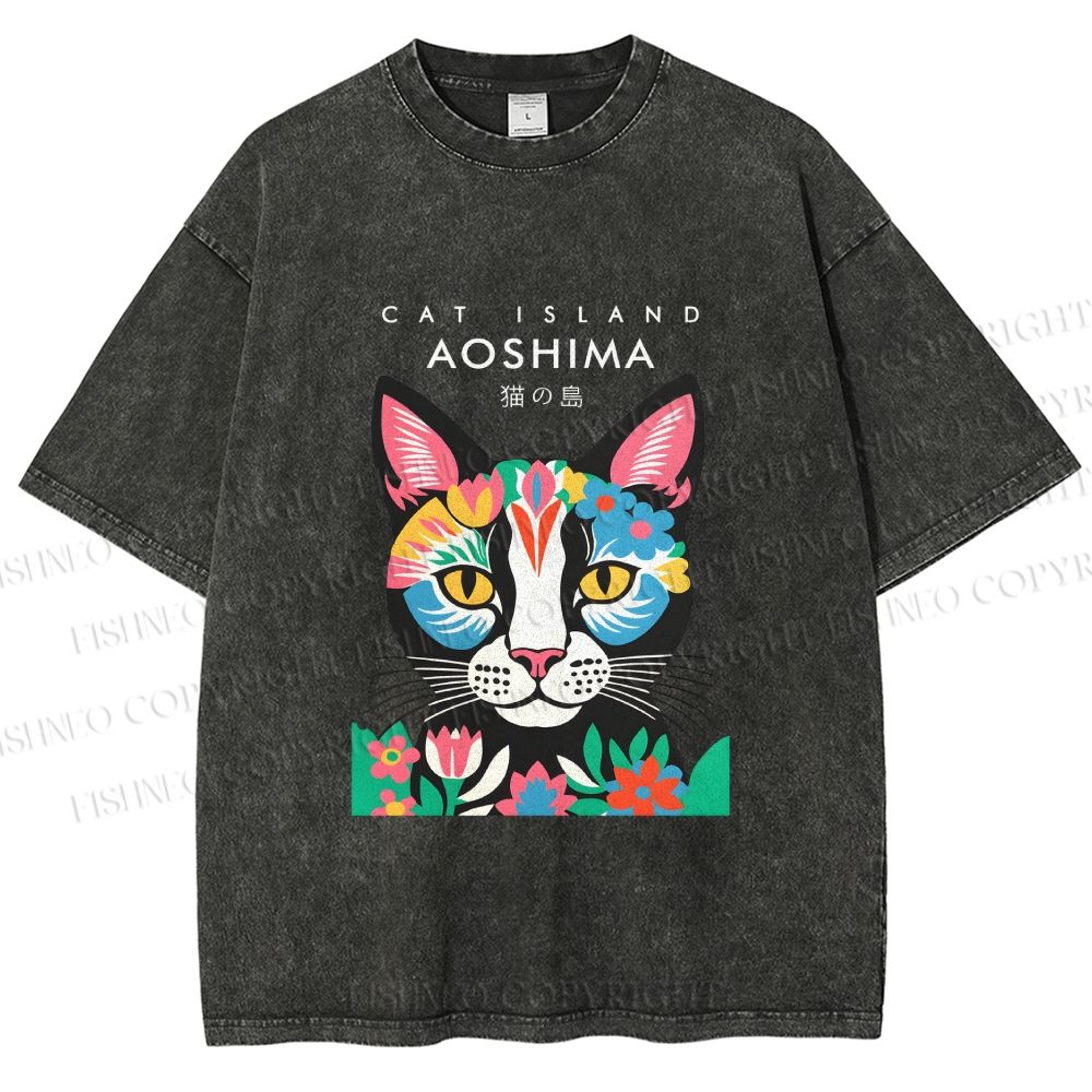 Unisex Cat Island Printed Washed Tee