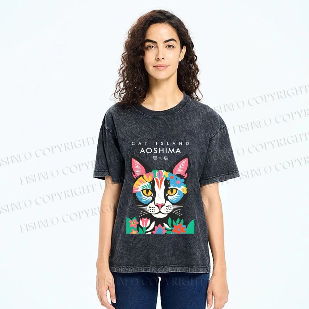 Unisex Cat Island Printed Washed Tee