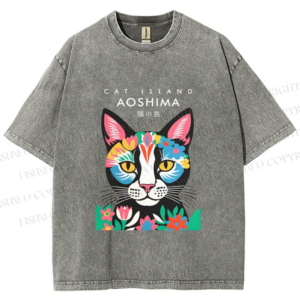 Unisex Cat Island Printed Washed Tee
