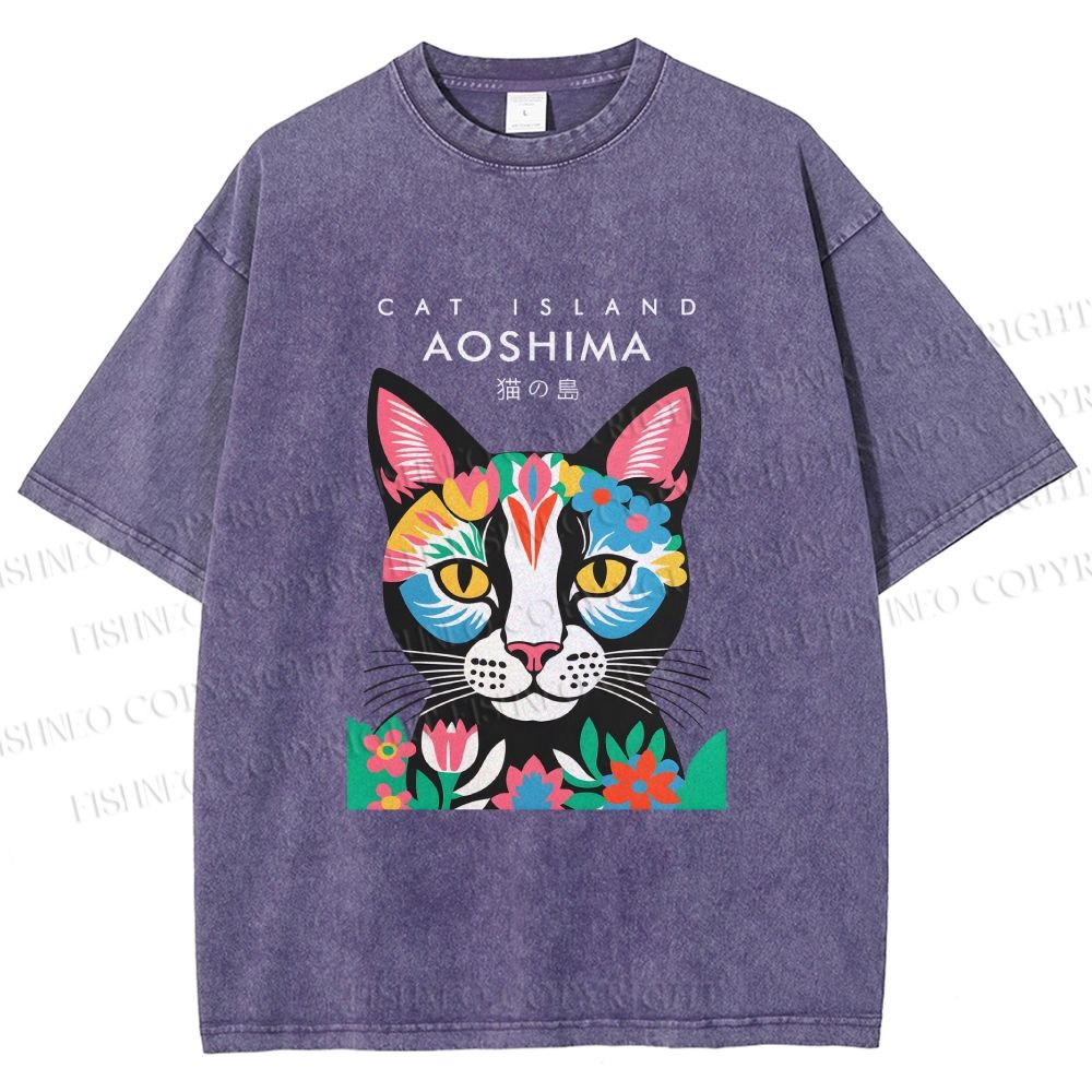 Unisex Cat Island Printed Washed Tee