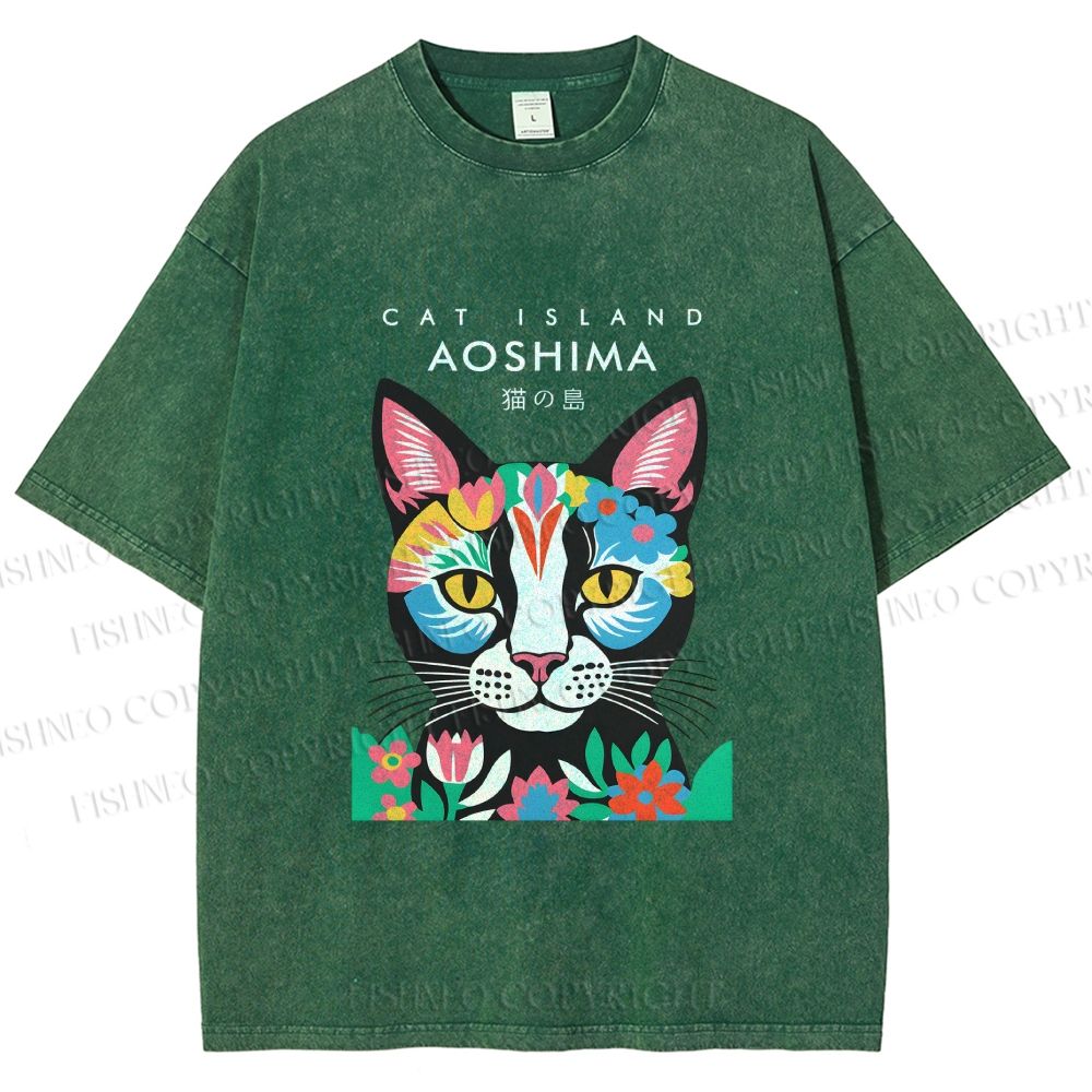 Unisex Cat Island Printed Washed Tee