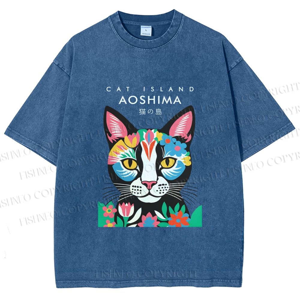 Unisex Cat Island Printed Washed Tee