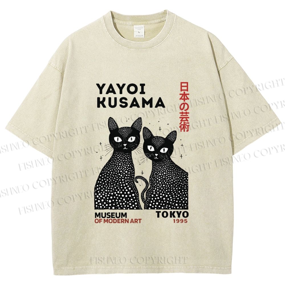Unisex Yayoi Kusama Black Cat Printed Washed Tee