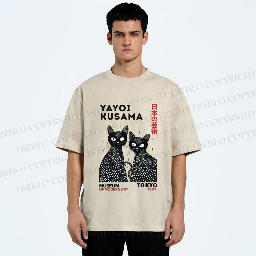 Unisex Yayoi Kusama Black Cat Printed Washed Tee