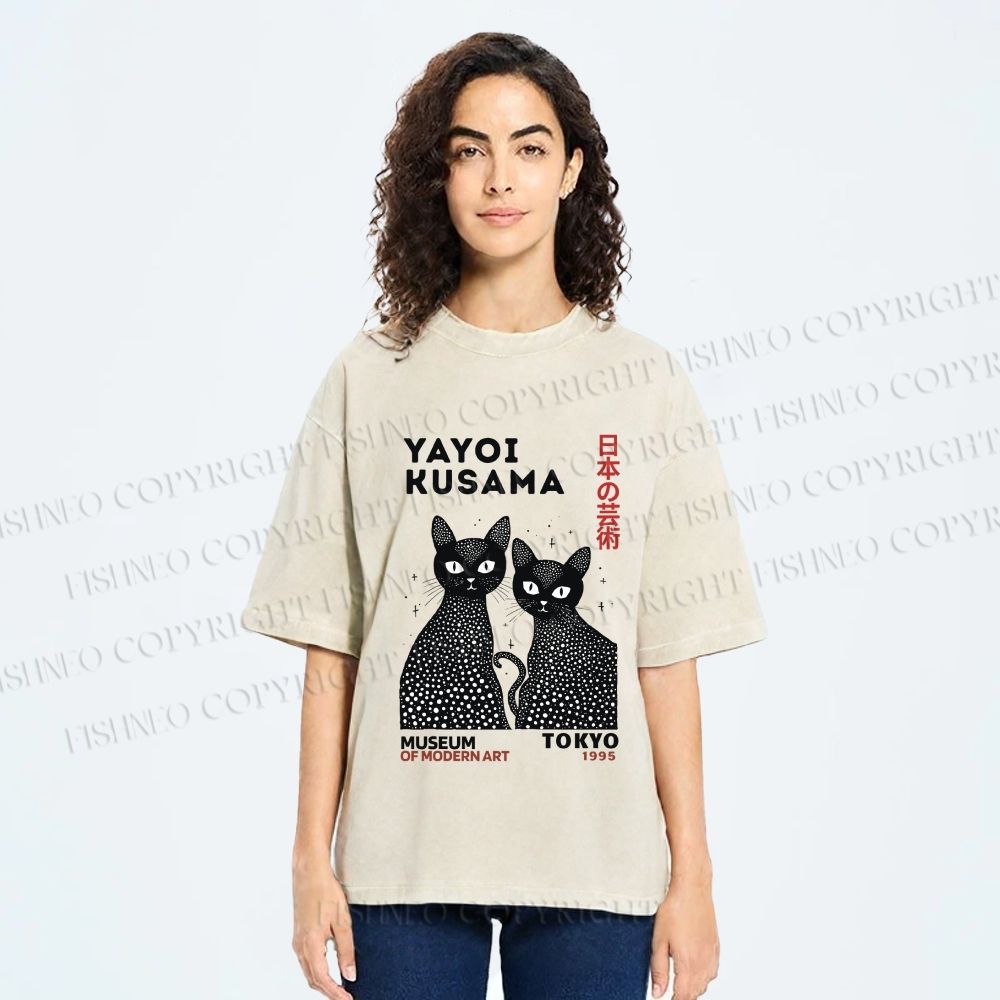 Unisex Yayoi Kusama Black Cat Printed Washed Tee