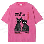 Unisex Yayoi Kusama Black Cat Printed Washed Tee