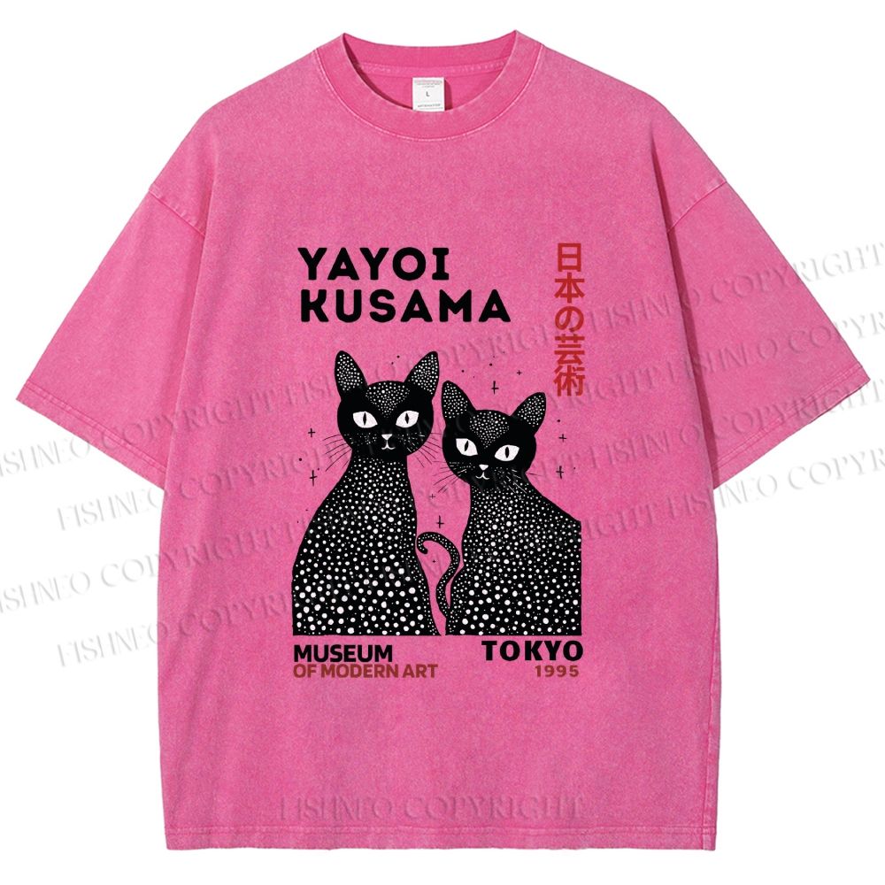 Unisex Yayoi Kusama Black Cat Printed Washed Tee