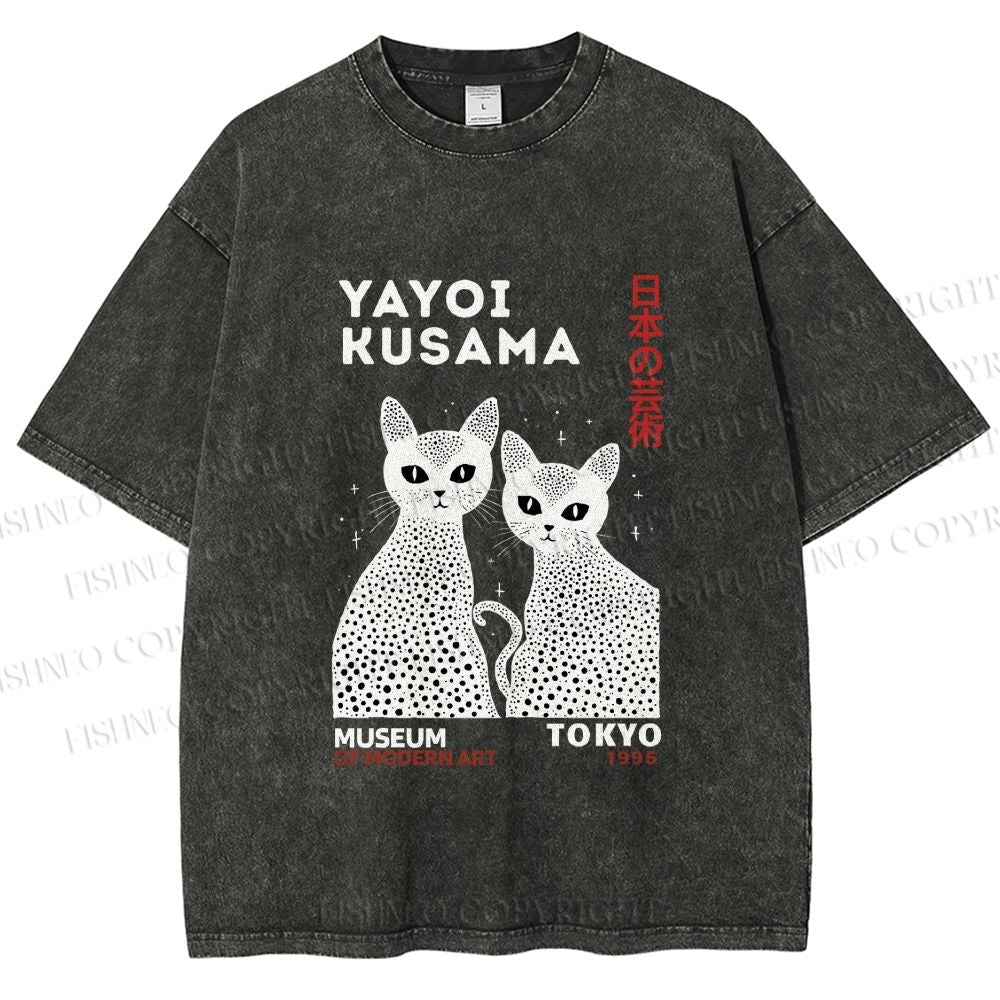 Unisex Yayoi Kusama Black Cat Printed Washed Tee