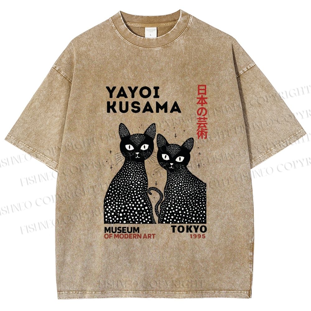 Unisex Yayoi Kusama Black Cat Printed Washed Tee