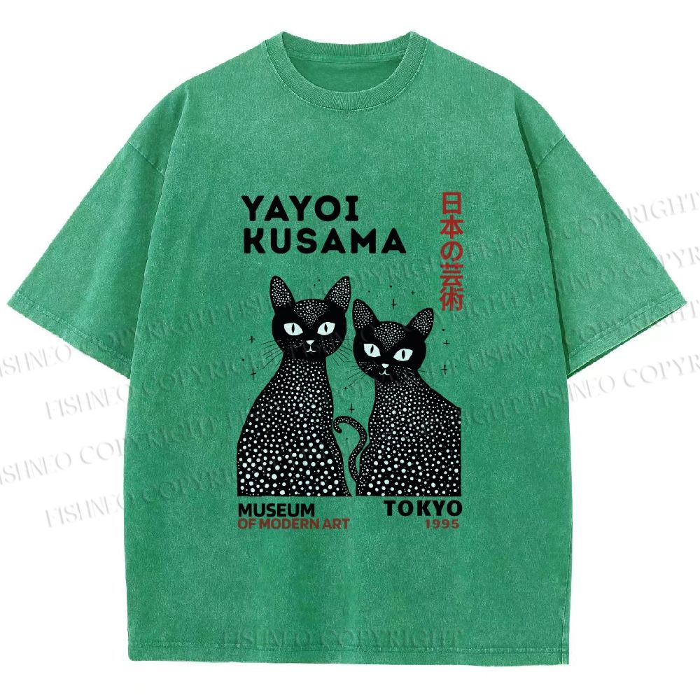 Unisex Yayoi Kusama Black Cat Printed Washed Tee