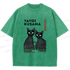 Unisex Yayoi Kusama Black Cat Printed Washed Tee