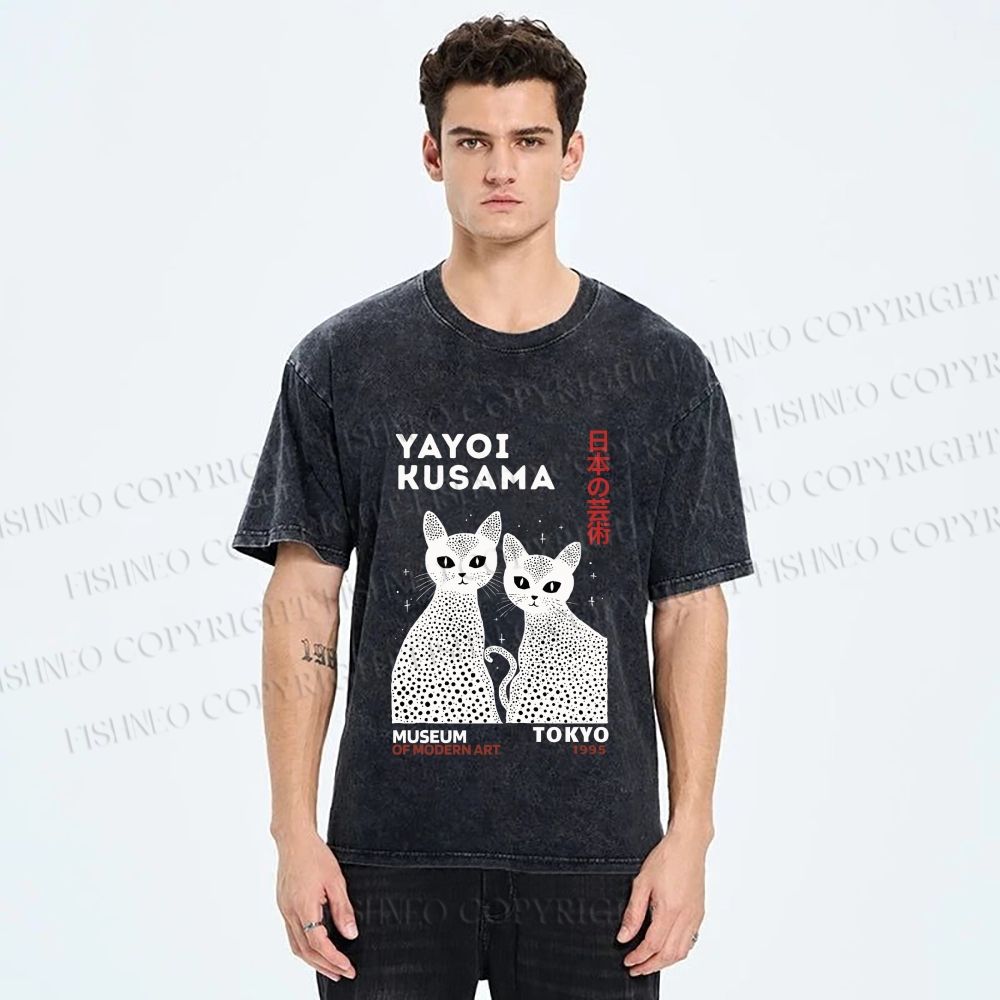 Unisex Yayoi Kusama Black Cat Printed Washed Tee