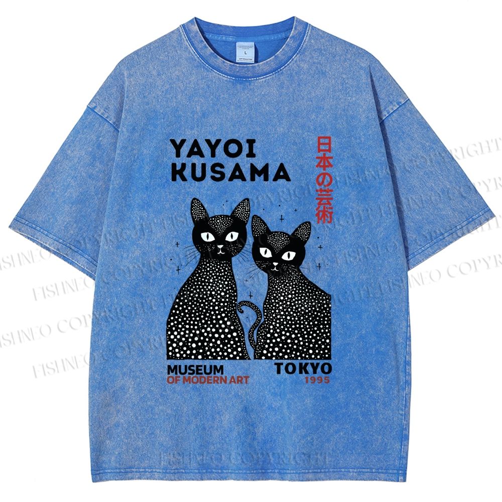 Unisex Yayoi Kusama Black Cat Printed Washed Tee