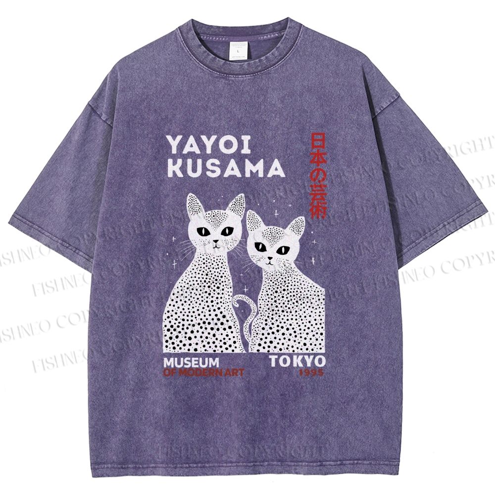 Unisex Yayoi Kusama Black Cat Printed Washed Tee