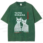 Unisex Yayoi Kusama Black Cat Printed Washed Tee