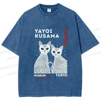 Unisex Yayoi Kusama Black Cat Printed Washed Tee