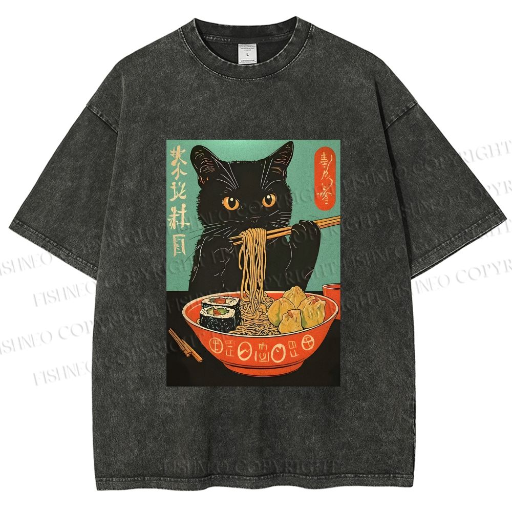 Unisex Ramen Cat Printed Washed Tee
