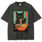 Unisex Ramen Cat Printed Washed Tee
