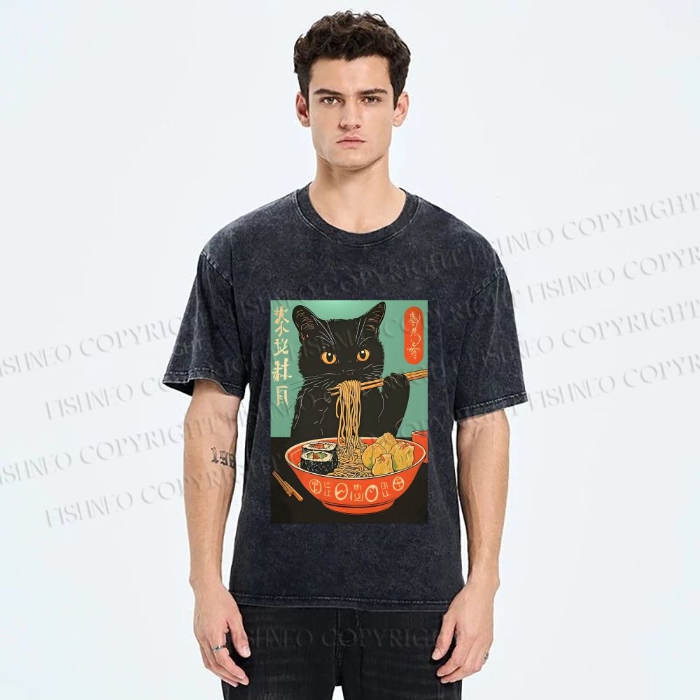 Unisex Ramen Cat Printed Washed Tee