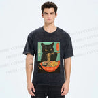 Unisex Ramen Cat Printed Washed Tee
