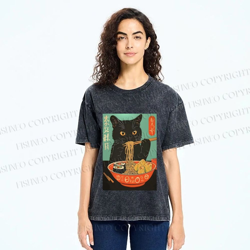 Unisex Ramen Cat Printed Washed Tee