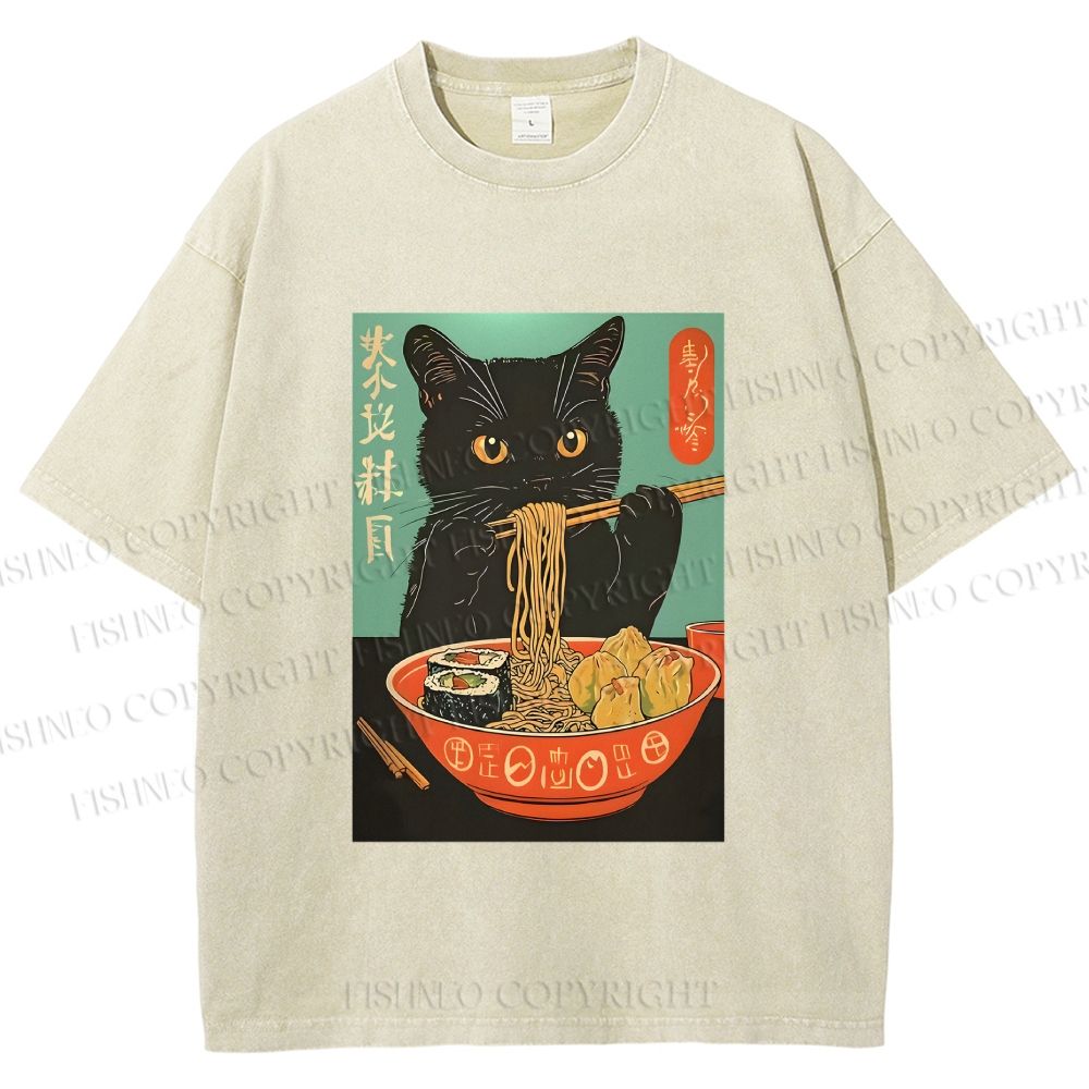 Unisex Ramen Cat Printed Washed Tee