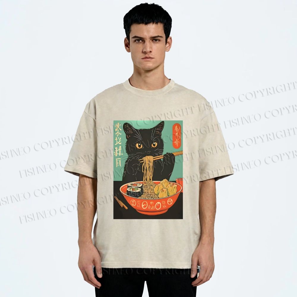 Unisex Ramen Cat Printed Washed Tee