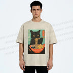 Unisex Ramen Cat Printed Washed Tee