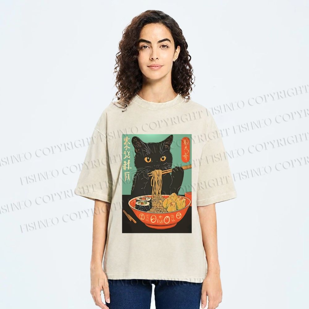 Unisex Ramen Cat Printed Washed Tee