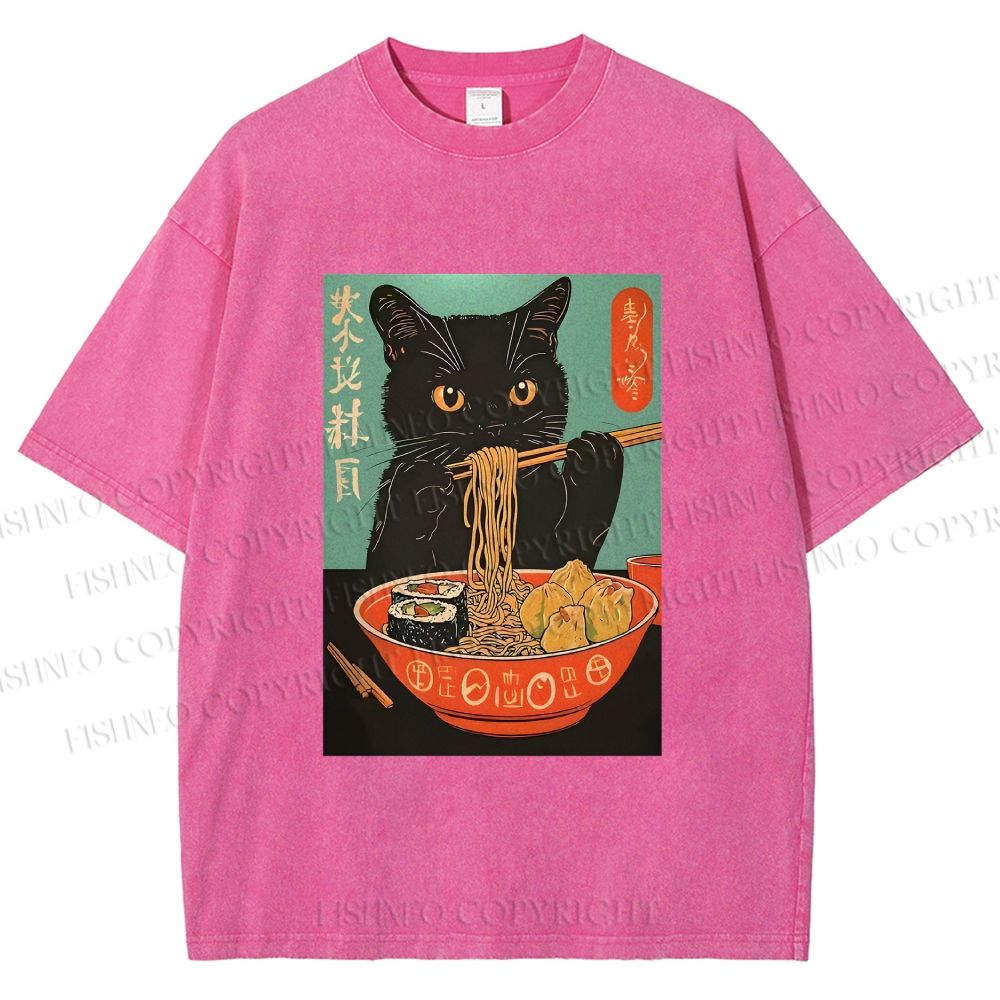 Unisex Ramen Cat Printed Washed Tee