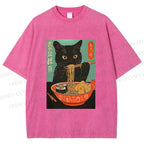 Unisex Ramen Cat Printed Washed Tee