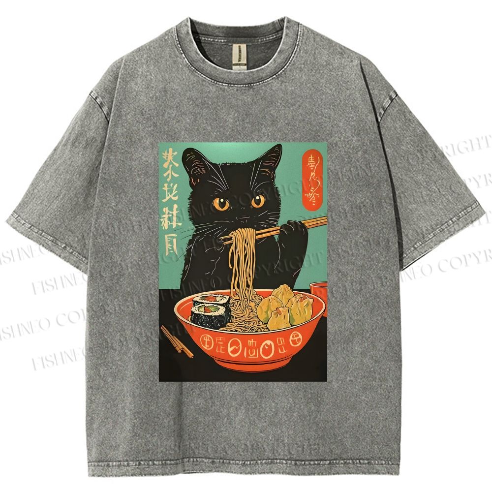 Unisex Ramen Cat Printed Washed Tee