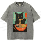 Unisex Ramen Cat Printed Washed Tee