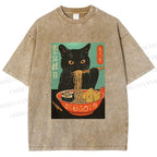 Unisex Ramen Cat Printed Washed Tee