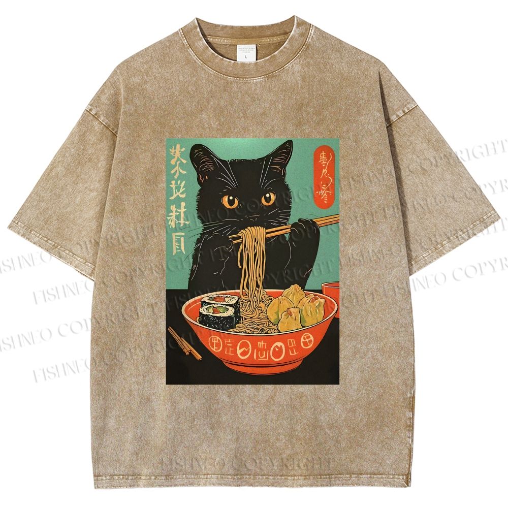 Unisex Ramen Cat Printed Washed Tee