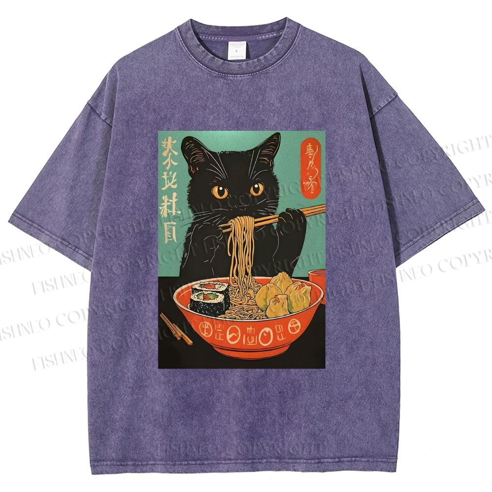 Unisex Ramen Cat Printed Washed Tee