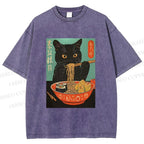 Unisex Ramen Cat Printed Washed Tee