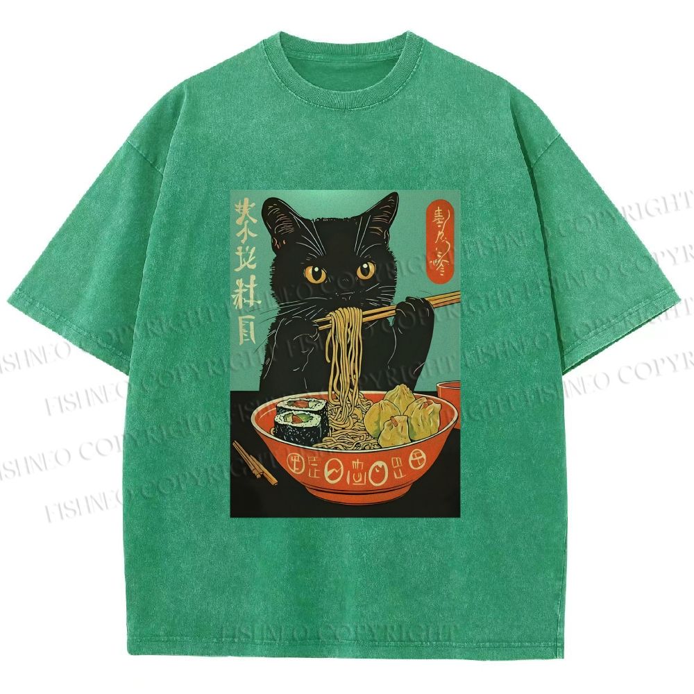 Unisex Ramen Cat Printed Washed Tee