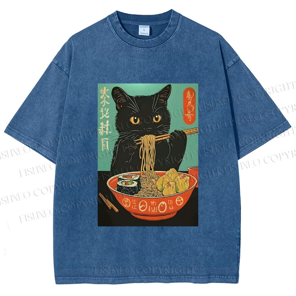 Unisex Ramen Cat Printed Washed Tee