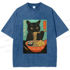 Unisex Ramen Cat Printed Washed Tee
